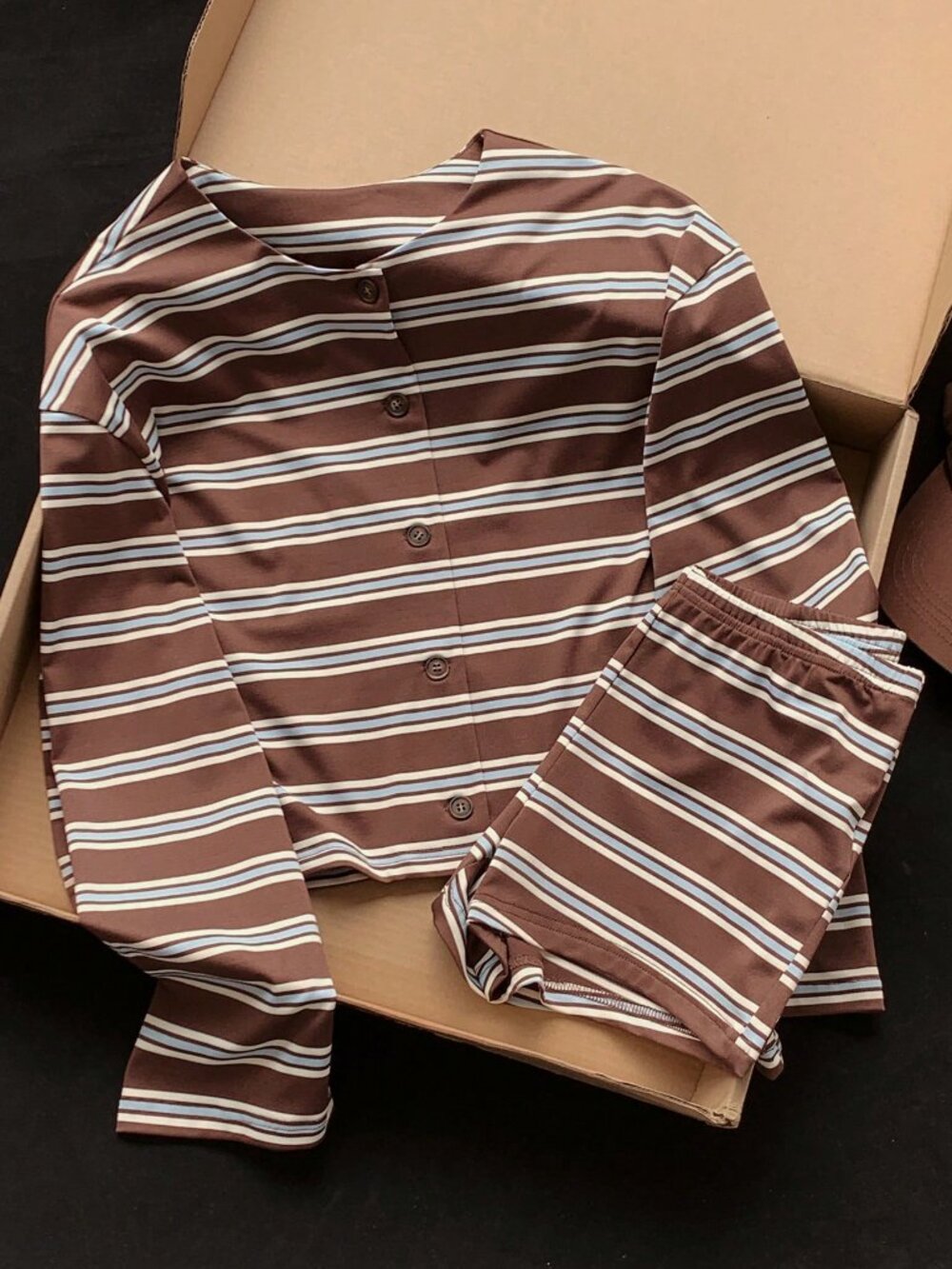 Coffee Brown Casual Women's Striped Top And Shorts Set - Picture 2 of 6